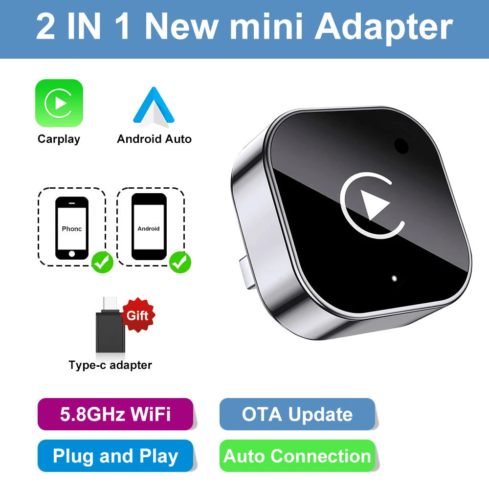 2026 Wireless Carplay Adapter 2-In-1 Wired to Wireless Dongle for Apple & Android Phone Plug and Play Universal Car Accessory